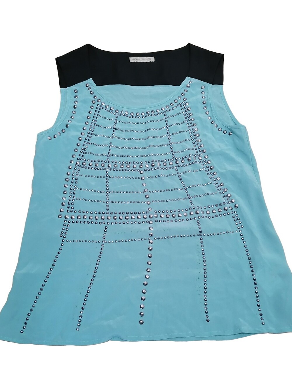 🐳🐳Studded Sleeveless Silk Tank Top in Light Blue with Black Yoke